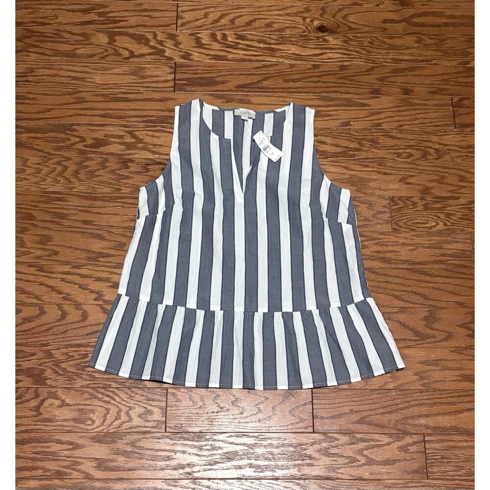 Loft Outlet Women's Blue-Gray Striped White Peplum Chiffon Tank Top, Size Medium
